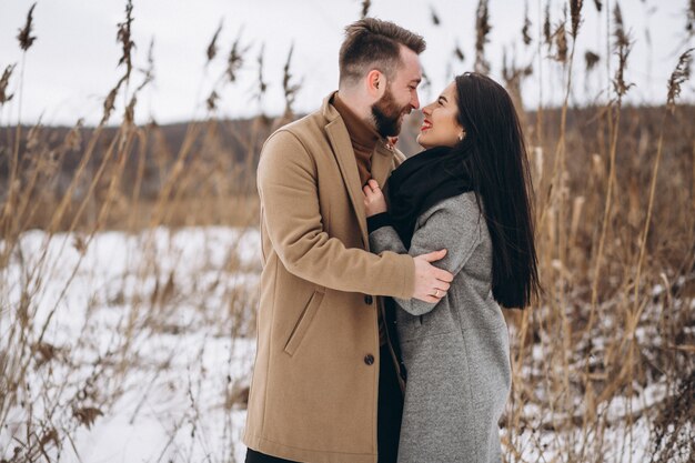 Pareja joven en el parque de invierno