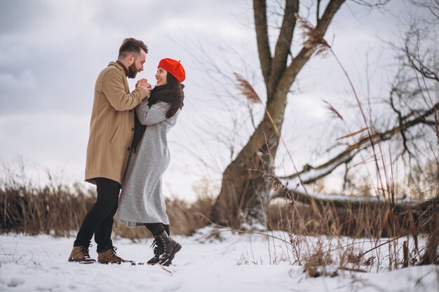 Pareja joven en el parque de invierno