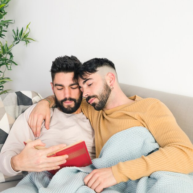 Pareja de jóvenes homosexuales amorosos tumbados en el sofá leyendo el libro