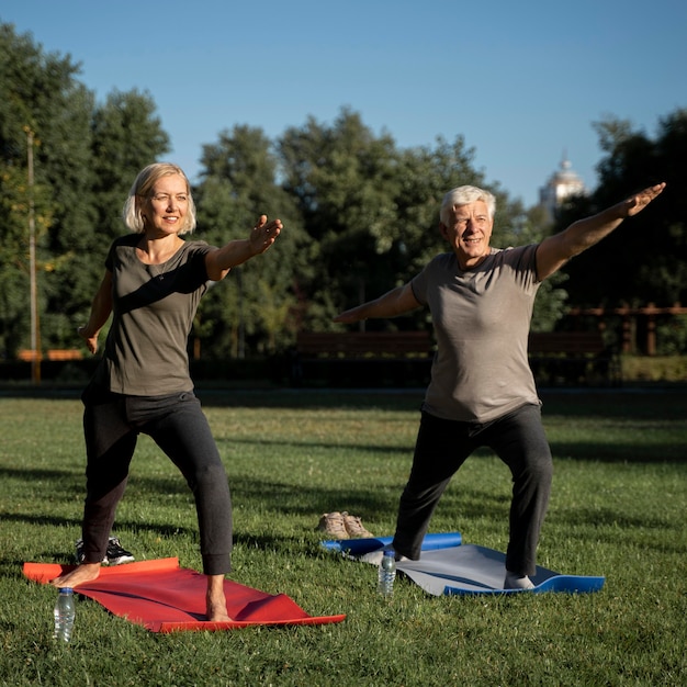 Pareja madura, hacer, yoga, exterior