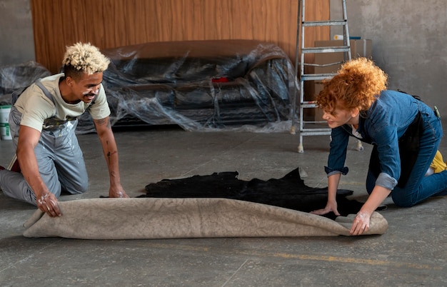 Foto gratuita pareja manejando una alfombra juntos en su nuevo hogar