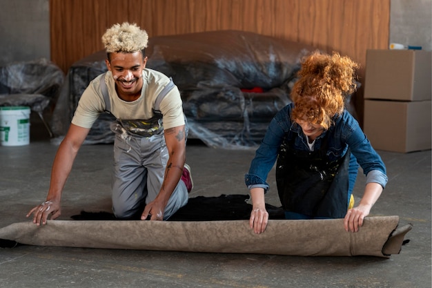 Foto gratuita pareja manejando una alfombra juntos en su nuevo hogar