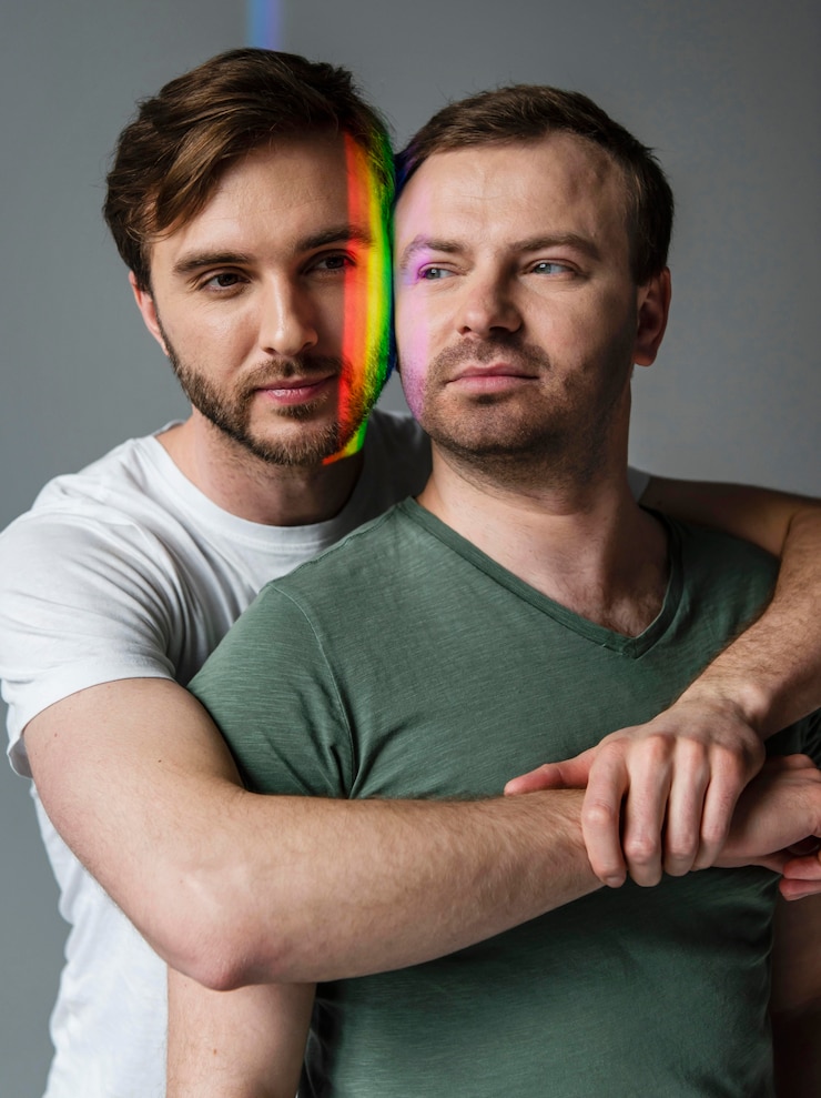Foto gratuito pareja masculina con el símbolo del arco iris