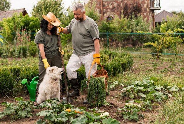 Pareja mayor, en jardín, con, un, perro