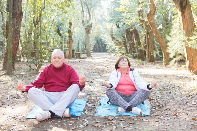 Pareja mayor con las piernas cruzadas durante la meditación