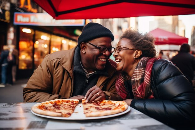 Pareja mayor de plano medio con pizza