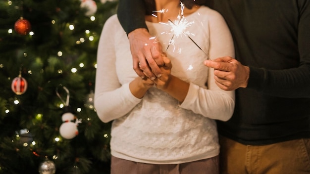 Foto gratuita pareja mayor, tenencia, fuegos artificiales