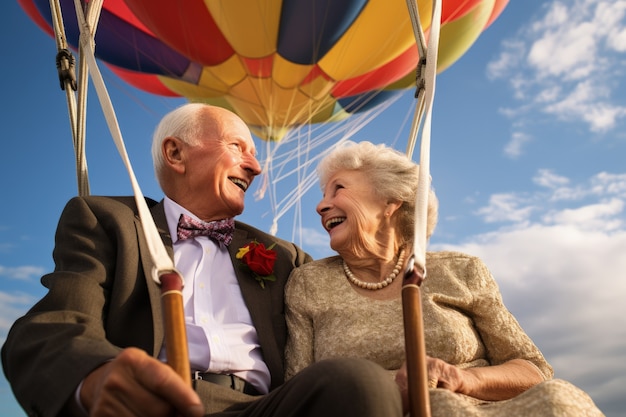Foto gratuita una pareja de mayores se casa en un globo de aire caliente