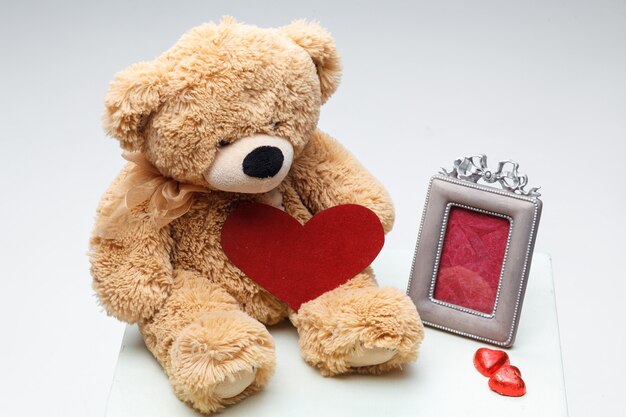 Pareja de osos de peluche con corazón rojo. Concepto de día de San Valentín.