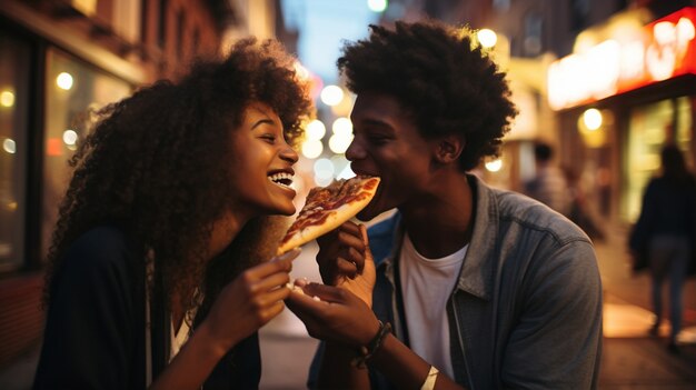 Pareja de plano medio con deliciosa pizza