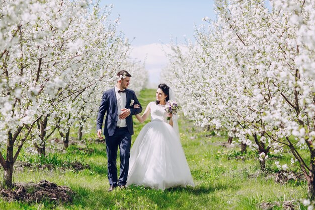 Pareja de recién casados caminando entre los árboles en flor