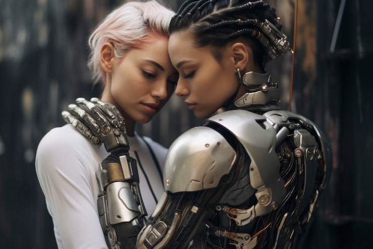 Foto gratuito una pareja romántica futurista de tomas medias