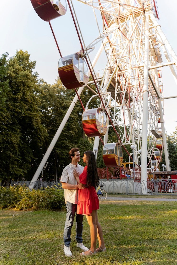 Foto gratuito pareja romántica juntos en la rueda de la fortuna en el parque