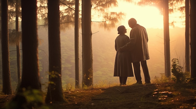 Pareja romántica de tiro completo en el bosque