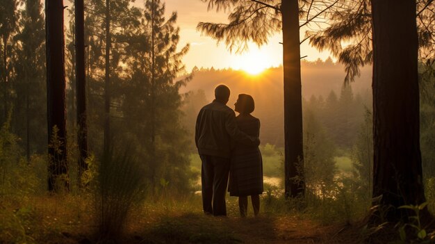 Pareja romántica de tiro completo en el bosque