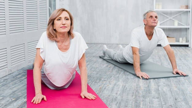 Pareja senior activa y enfocada practicando yoga juntos