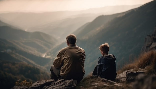 Foto gratuita pareja sentada disfrutando de la vista del pico de la montaña juntos generados por ia