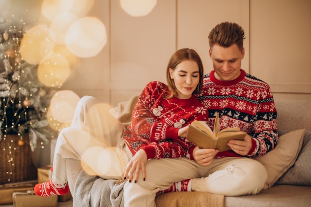 Pareja sentada junto al árbol de Navidad y leyendo un libro