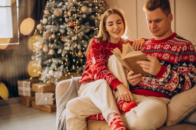 Pareja sentada junto al árbol de Navidad y leyendo un libro