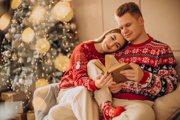 Pareja sentada junto al árbol de Navidad y leyendo un libro