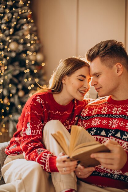 Pareja sentada junto al árbol de Navidad y leyendo un libro