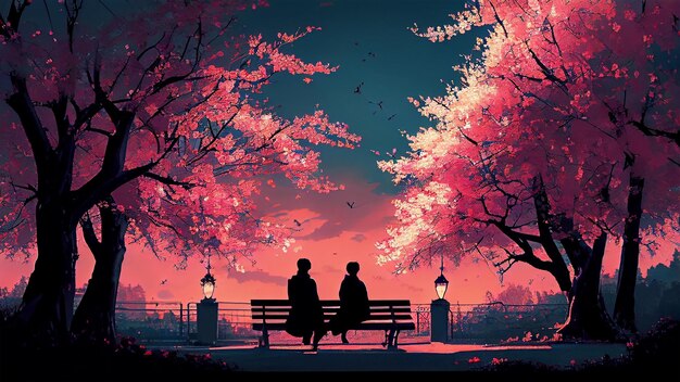 Una pareja silueteada se sienta en un banco bajo la IA generativa del árbol de otoño