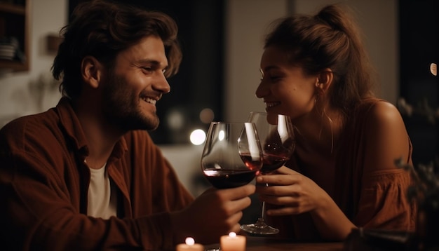 Pareja sonriente sentada bebiendo vino tinto generado por IA