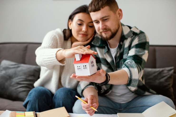 Foto gratuito pareja, tenencia, casa pequeña, plano medio