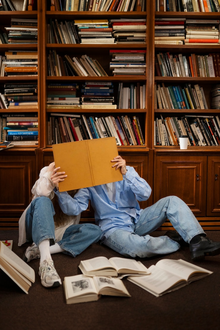 Foto gratuito pareja de tiro completo que tiene una cita en la librería