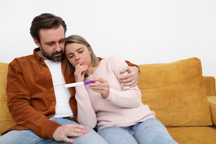 Foto gratuito pareja de tiro medio con prueba de embarazo.