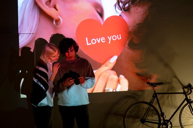 Pareja tomando fotos a la luz del proyector de películas