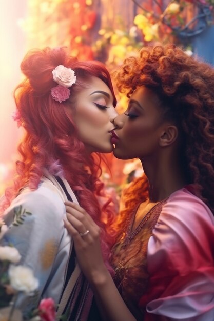 Una pareja de tomas medias besándose con un fondo de fantasía.