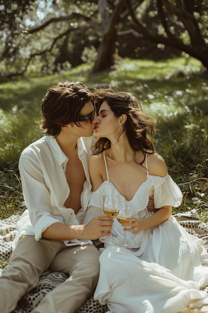 Foto gratuita una pareja en verano teniendo un día de picnic relajante juntos