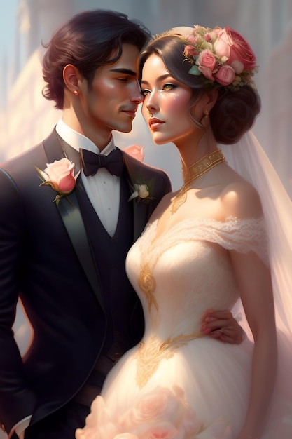 Una pareja con un vestido de novia y una corona de flores en la cabeza.