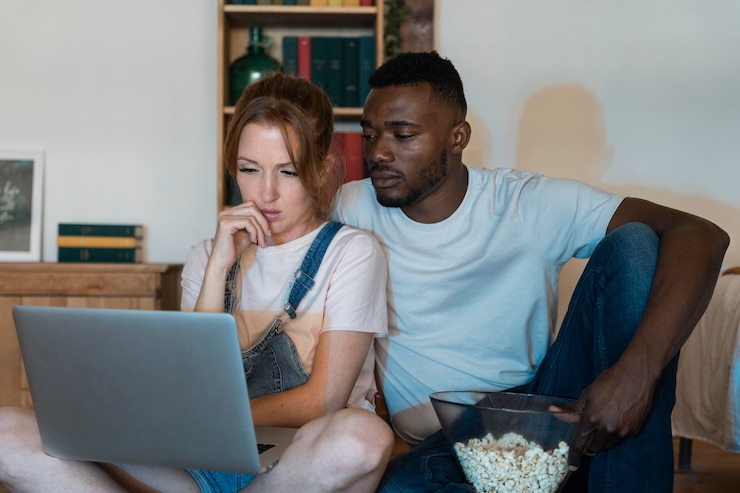 Foto gratuito pareja viendo servicio de streaming juntos en el dormitorio