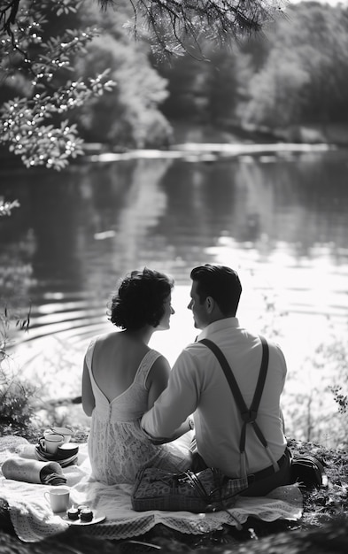 Una pareja vintage negra y blanca disfrutando de un picnic