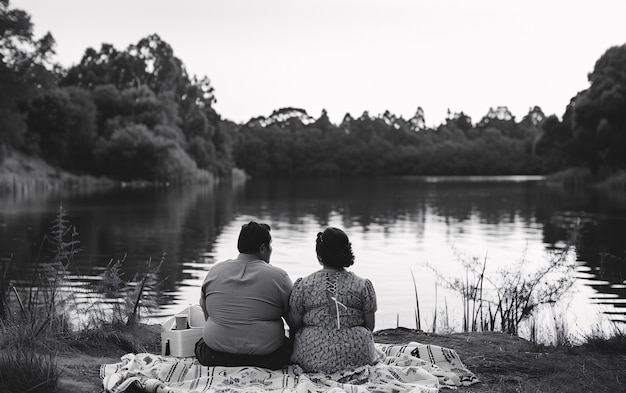 Foto gratuita una pareja vintage negra y blanca disfrutando de un picnic