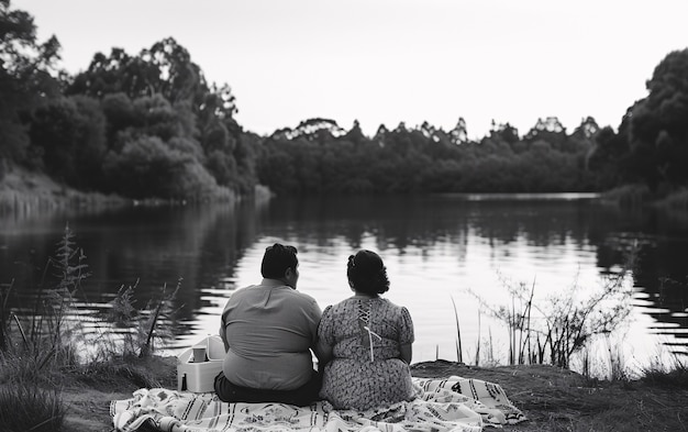 Una pareja vintage negra y blanca disfrutando de un picnic