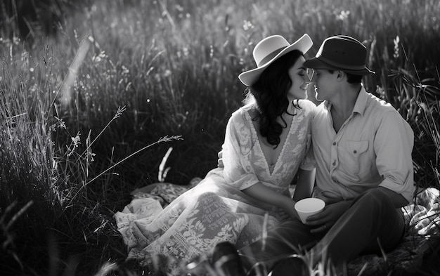 Una pareja vintage negra y blanca disfrutando de un picnic