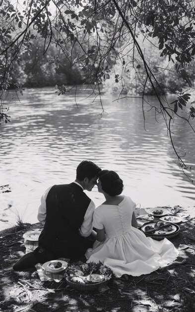 Una pareja vintage negra y blanca disfrutando de un picnic