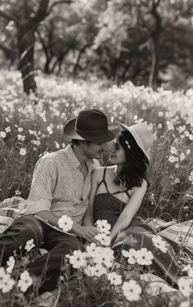 Una pareja vintage negra y blanca disfrutando de un picnic