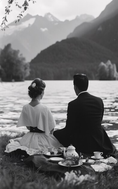 Una pareja vintage negra y blanca disfrutando de un picnic