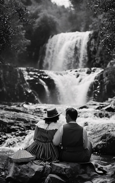 Foto gratuita una pareja vintage negra y blanca disfrutando de un picnic