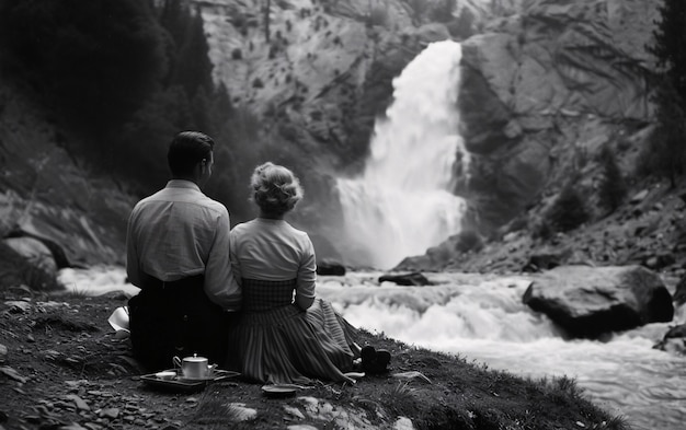 Una pareja vintage negra y blanca disfrutando de un picnic