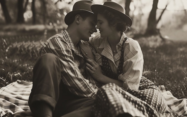 Una pareja vintage negra y blanca disfrutando de un picnic