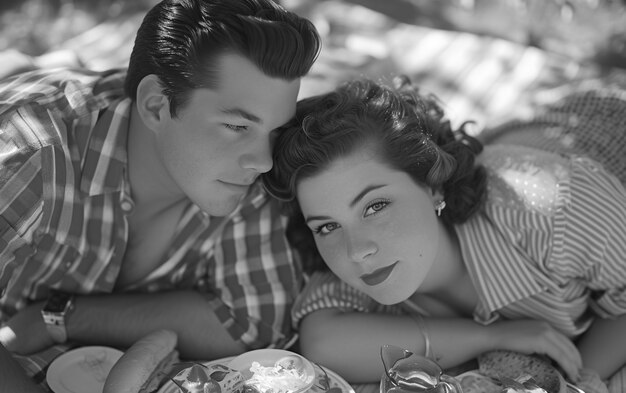 Una pareja vintage negra y blanca disfrutando de un picnic