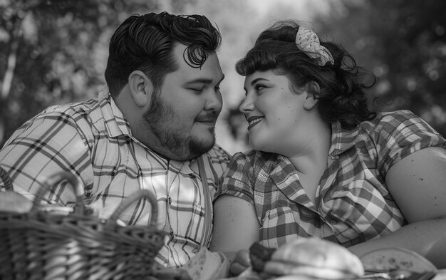 Una pareja vintage negra y blanca disfrutando de un picnic