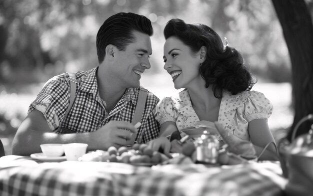 Una pareja vintage negra y blanca disfrutando de un picnic