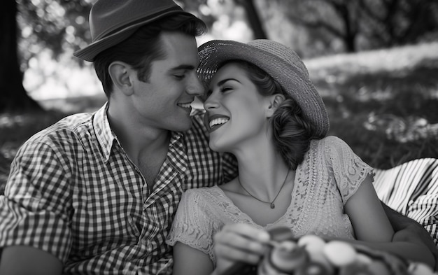 Foto gratuita una pareja vintage negra y blanca disfrutando de un picnic