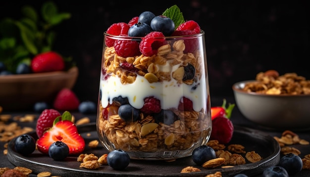 Parfait de bayas orgánicas frescas con crocante de granola generado por IA